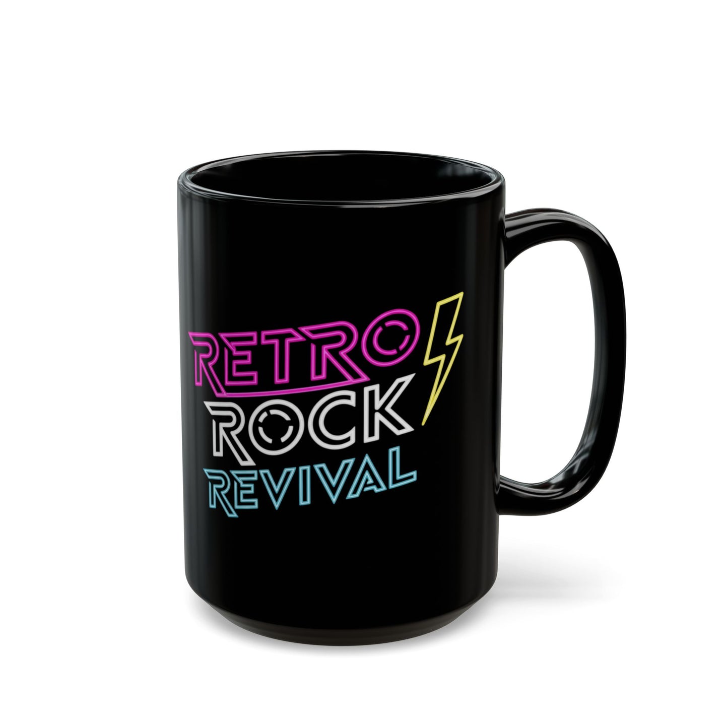 Retro Rock Revival Black Mug — Neon Lightning 11oz/15oz Coffee Cup